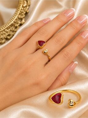 Red Heart Open Ring – Gold Tone Adjustable Statement Ring